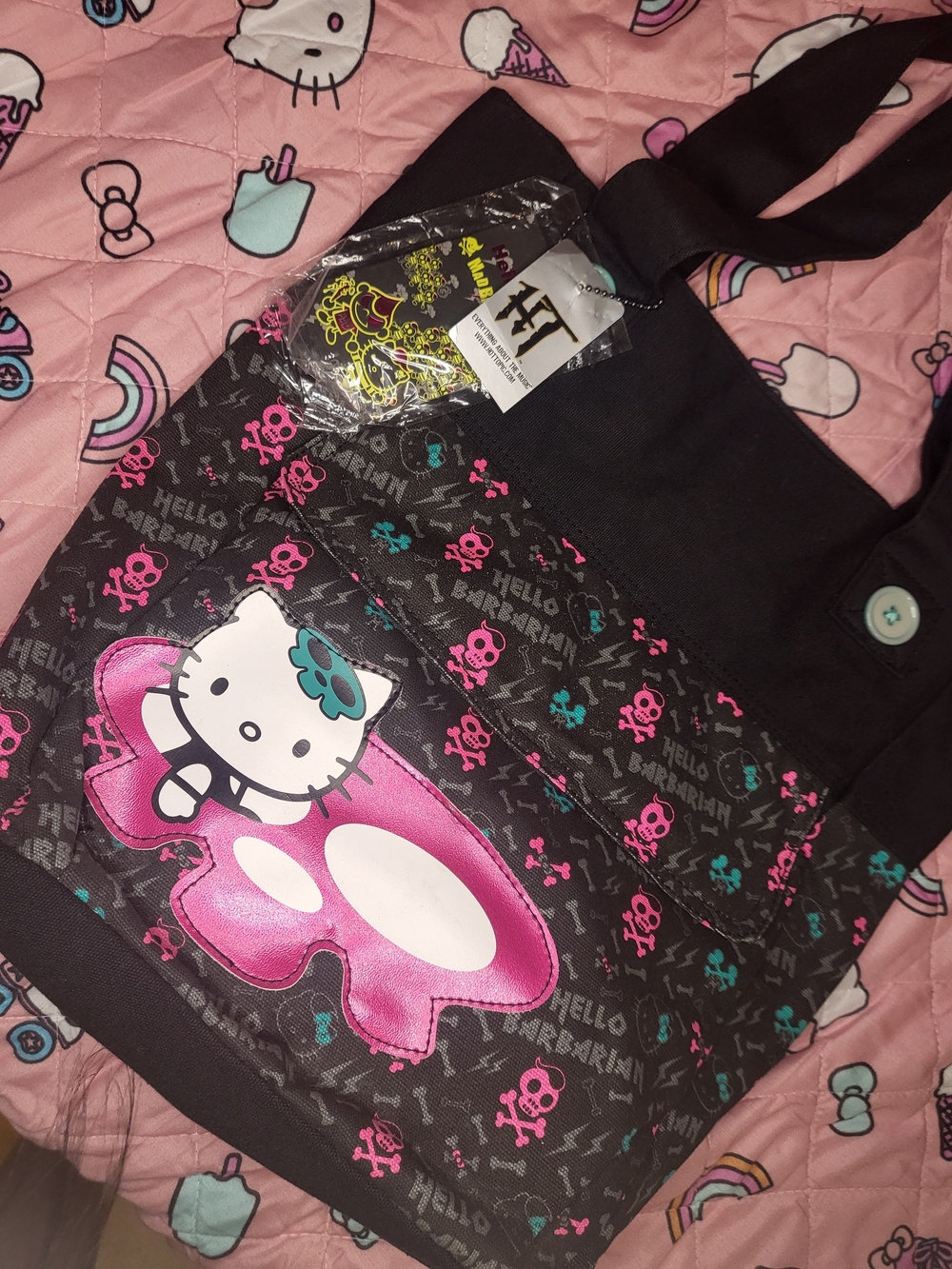 Hello Kitty x Hello Barbarian tote bag with pink skulls